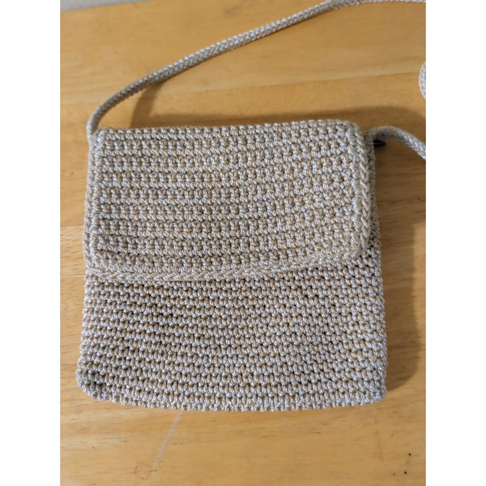 The Sak Cream Ivory Crochet Small Flap Crossbody Bag Metallic Thread 7”x7”